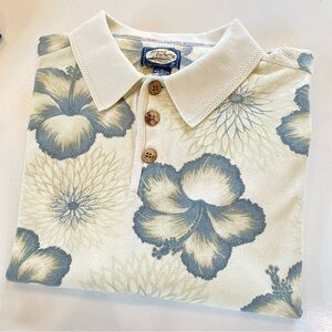 Vintage Tommy Bahama EUC Cream & Grey Polo with Hawaiian Floral Size Meduim